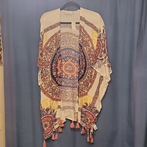 Maurices Cream Kimono with Pink & Blue Medallion Print
